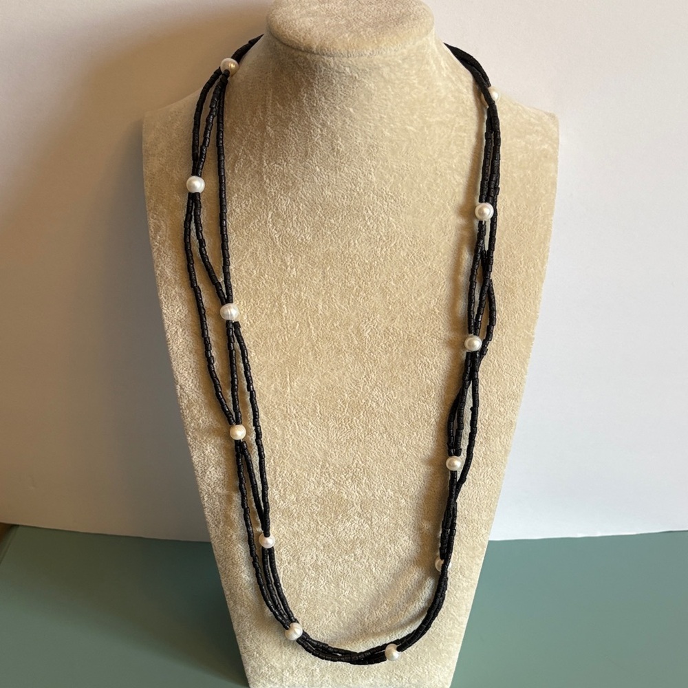 Black Seed Bead & Faux Pearl Long Necklace 26” Layering Strand